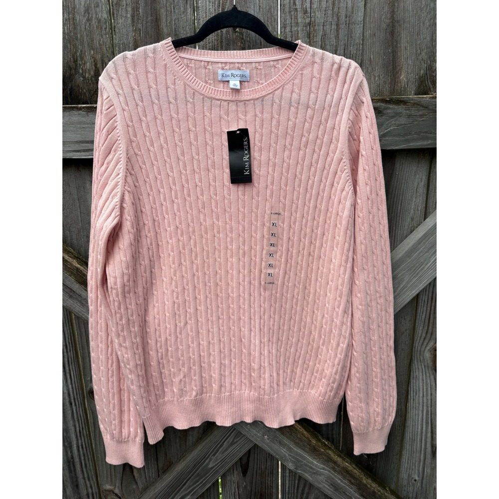 Kim Rogers Womens XL Pink Cable Knit Cotton Crew Neck Sweater 146S061 NWT